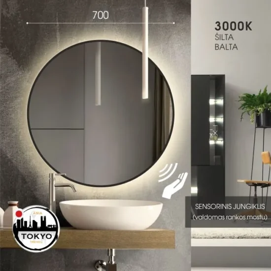 Apvalus veidrodis su juodu remeliu