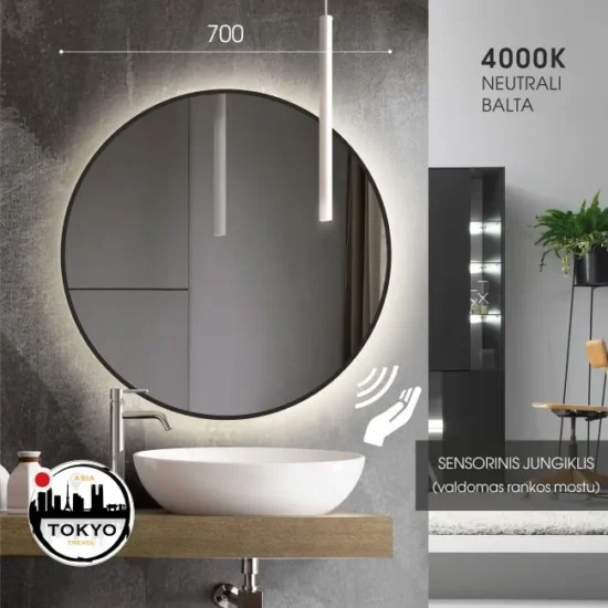 Apvalus veidrodis su juodu remeliu