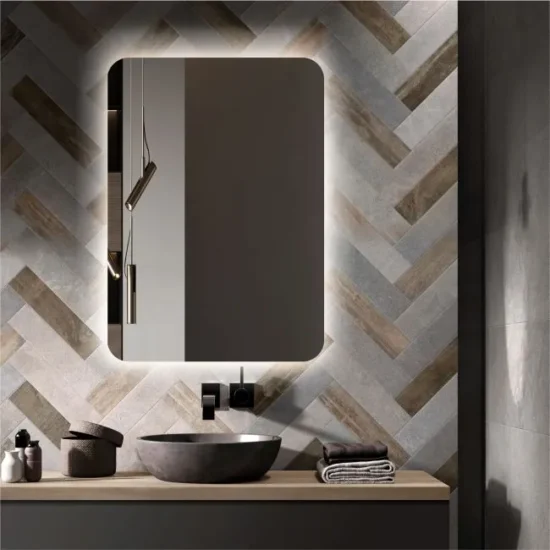 Bathroom mirror with rounded corners