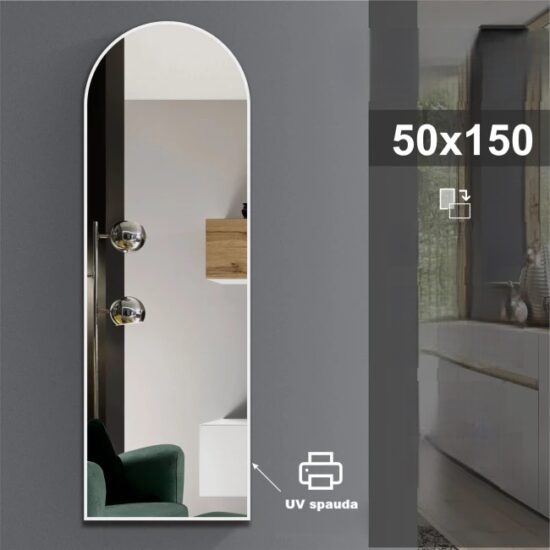 Arkos formos veidrodis su baltu remeliu 50x150 cm