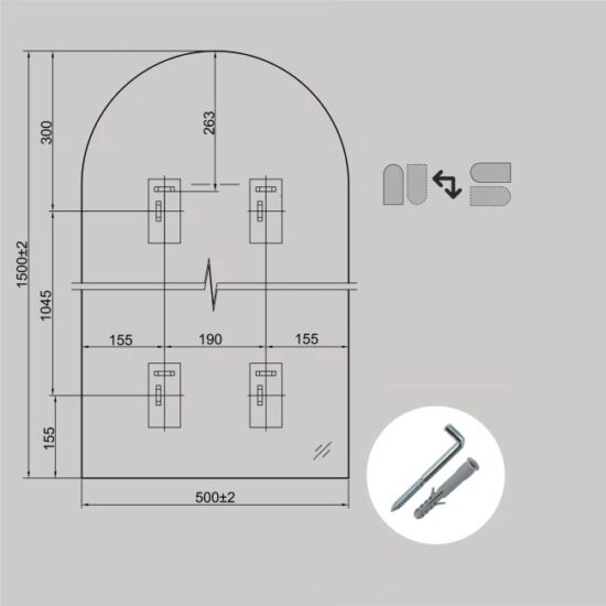 Arkos formos veidrodis su baltu remeliu 50x150 cm